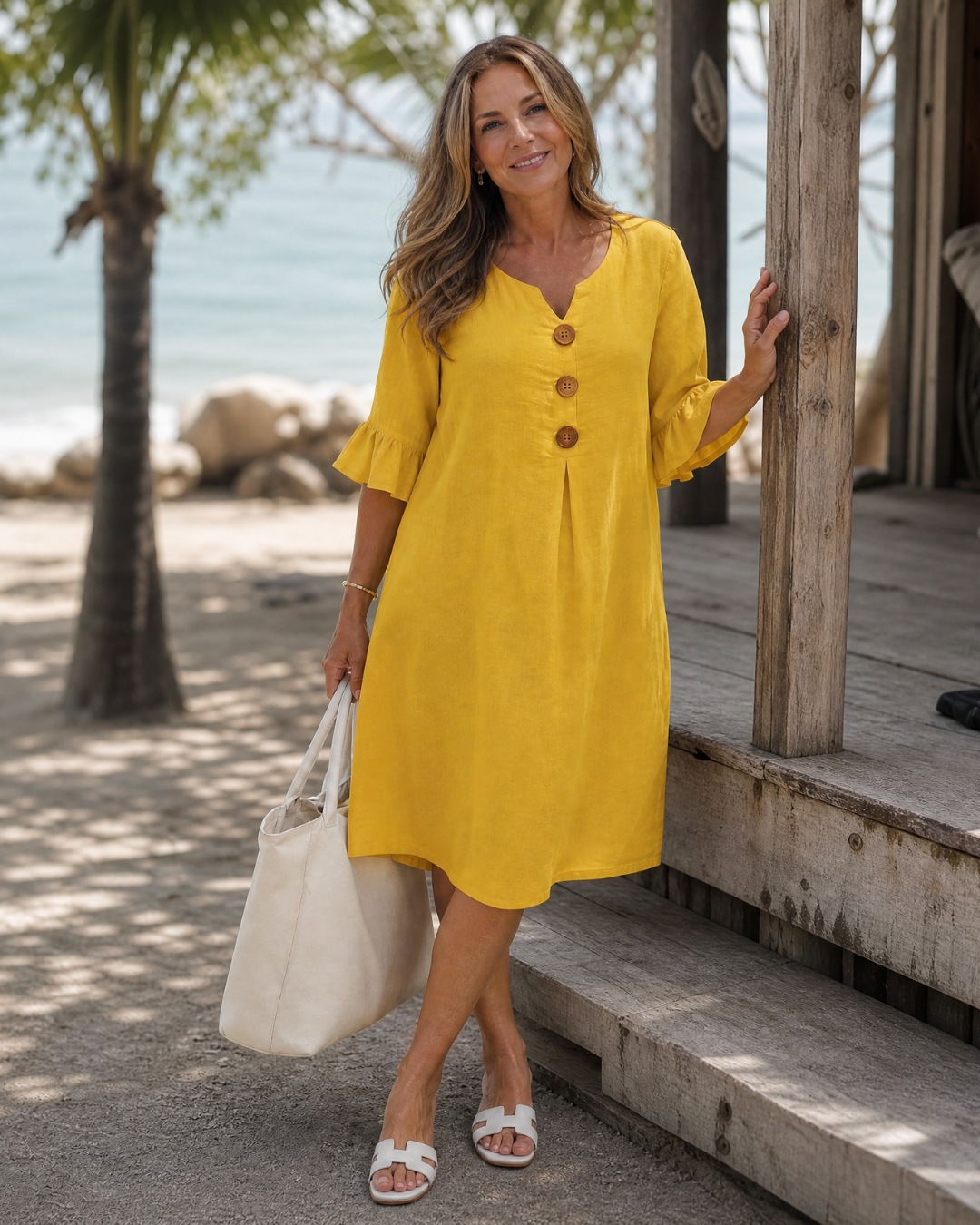 Comros | Midi-jurk met knoopdetail en ruches