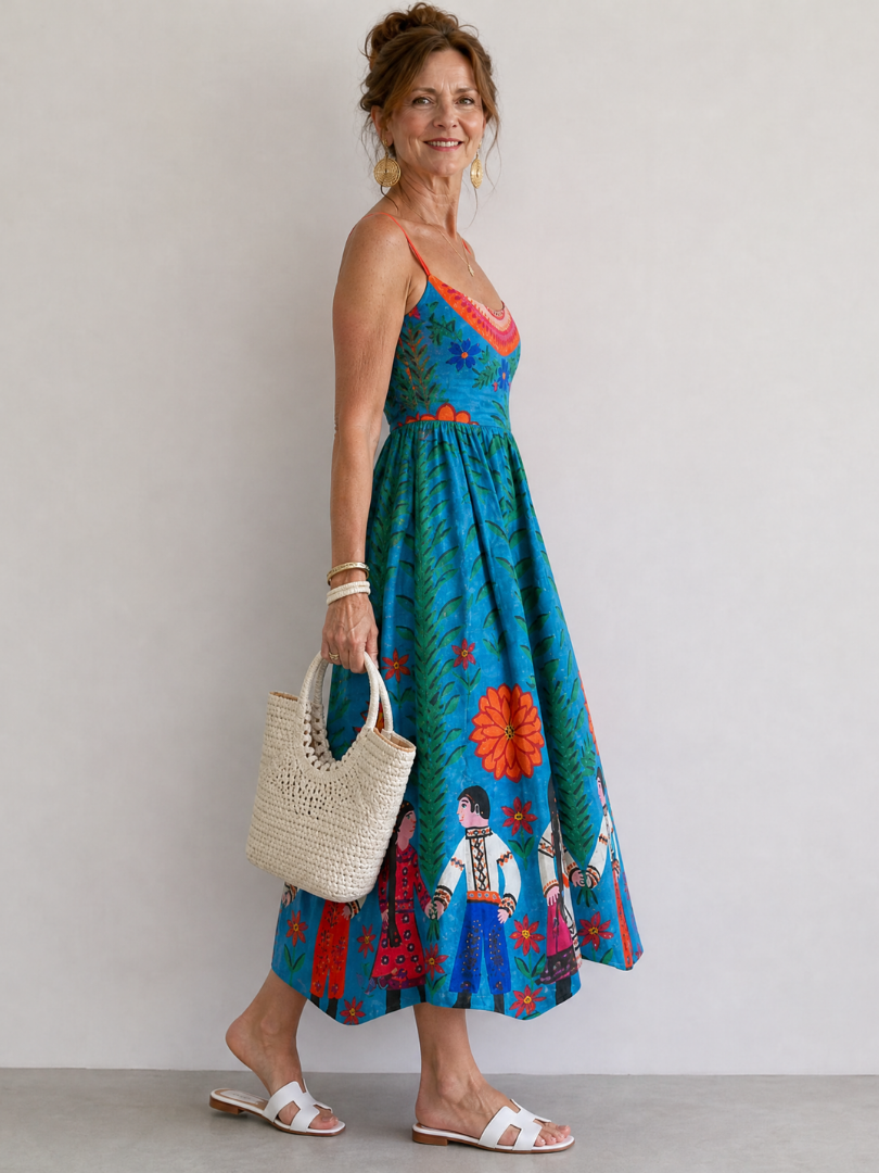 Xylienne | Mouwloze midi-jurk met folkloreprint