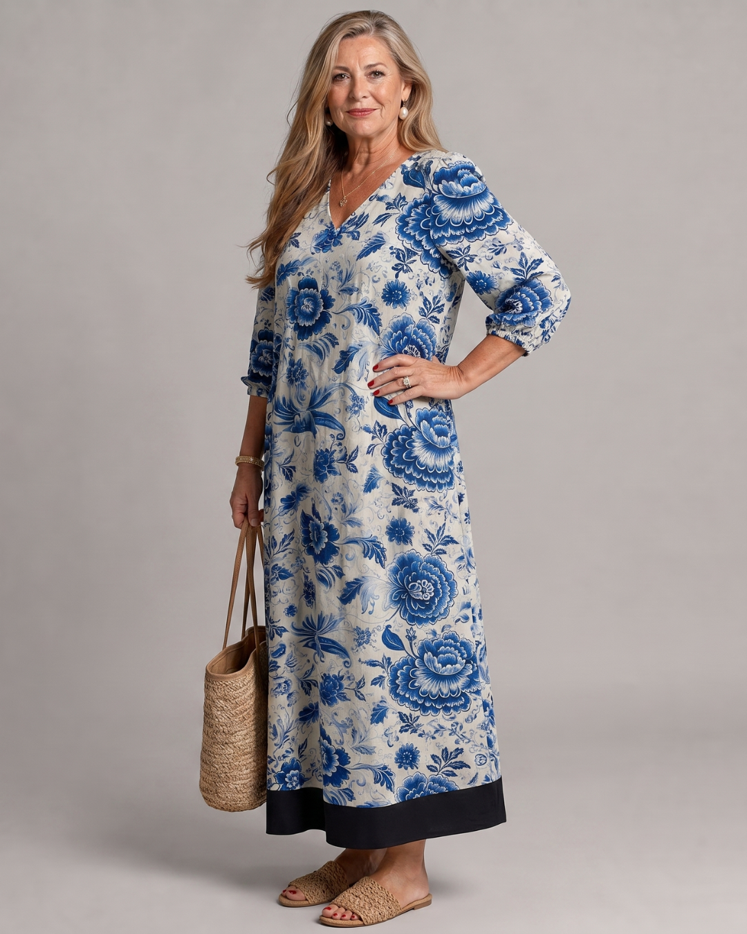 Celope | Midi-jurk met porseleinblauwe bloemenprint en zakdetail