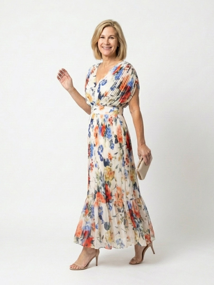 Savannah | Geplooide midi-jurk met korte mouwen