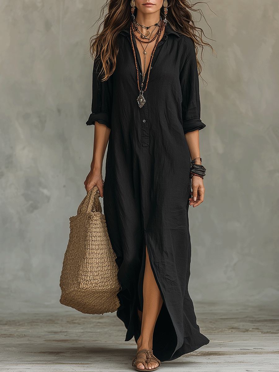 Zwart Knopen-Voorkant Bohemian Shirt Maxi Jurk