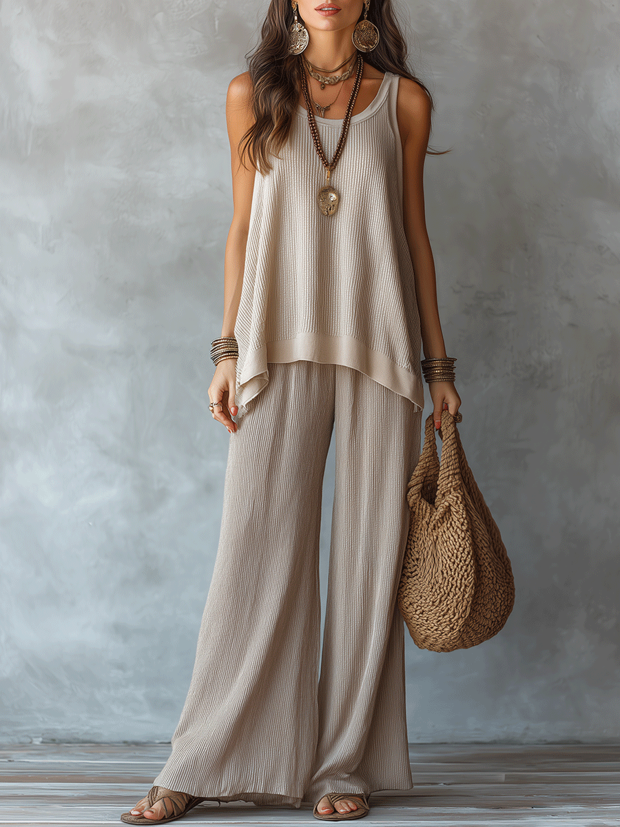 Moeiteloos Boho Mouwloos Textuur Top & Brede Pantalon Set