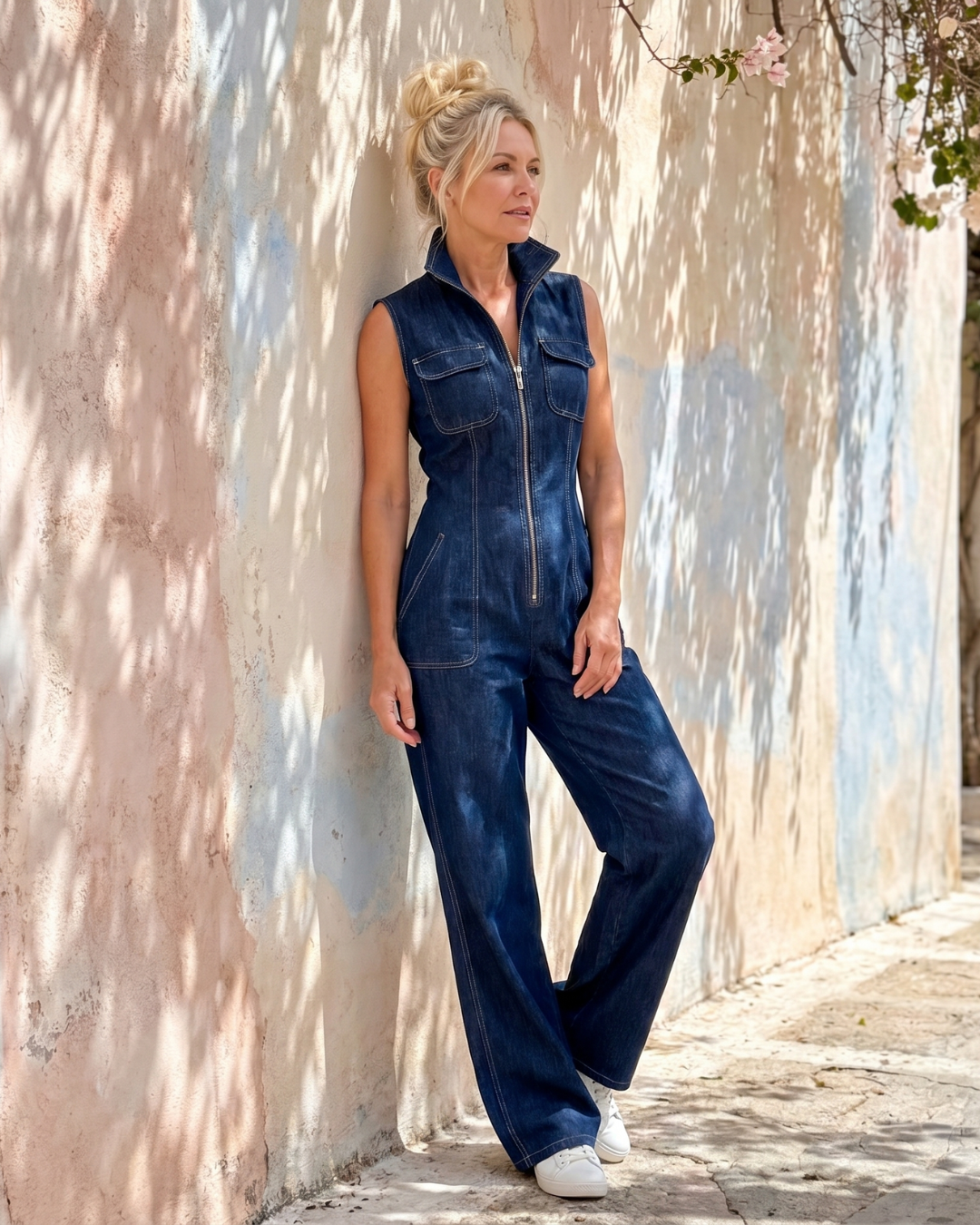 Samantha | Mouwloze jumpsuit met rits en wijde pijpen