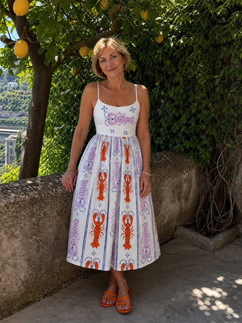 Coralyse | Mouwloze midi-jurk met kreeftprint