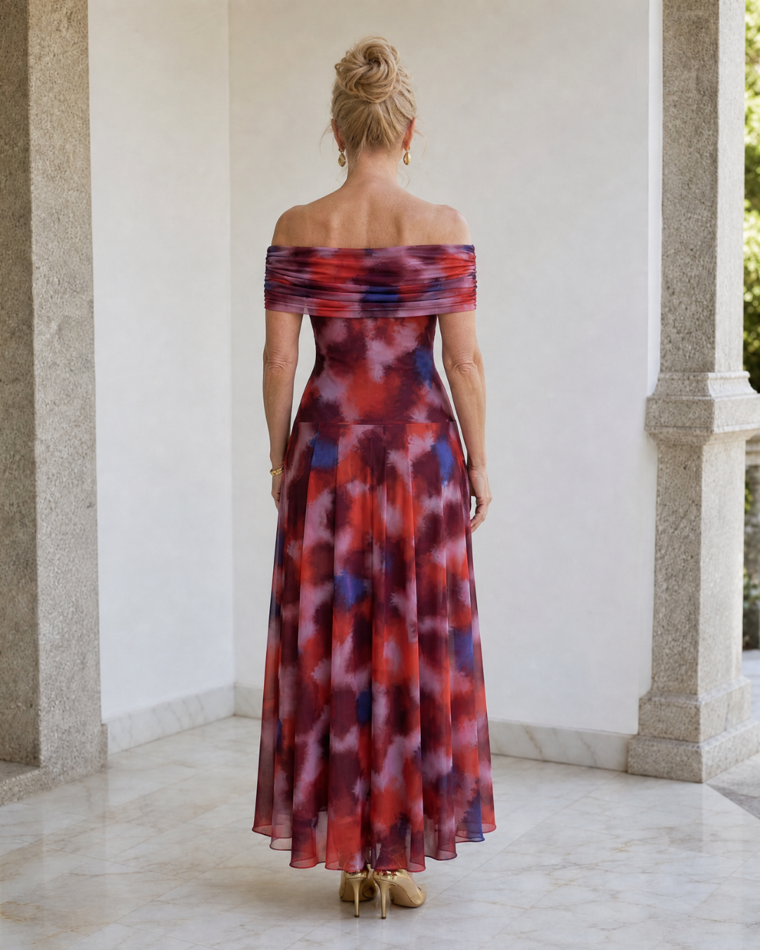 Violla | Off-shoulder midi-jurk met aquarelprint
