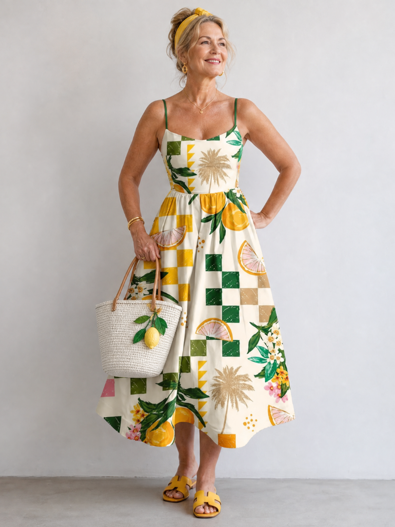 Aurexia | Mouwloze midi-jurk met citrusprint