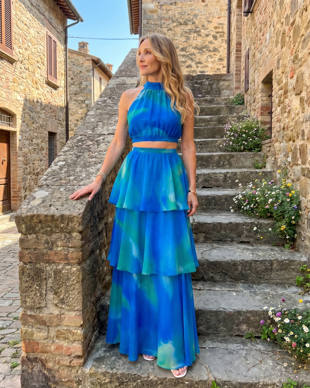Mique | Halter maxi-jurk met cut-out en laagjes