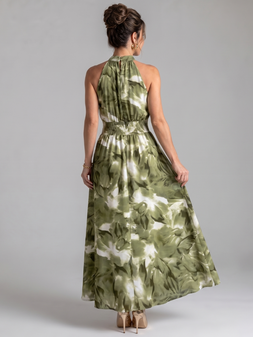 Olivia | Midi-jurk met abstracte print en gerimpelde taille