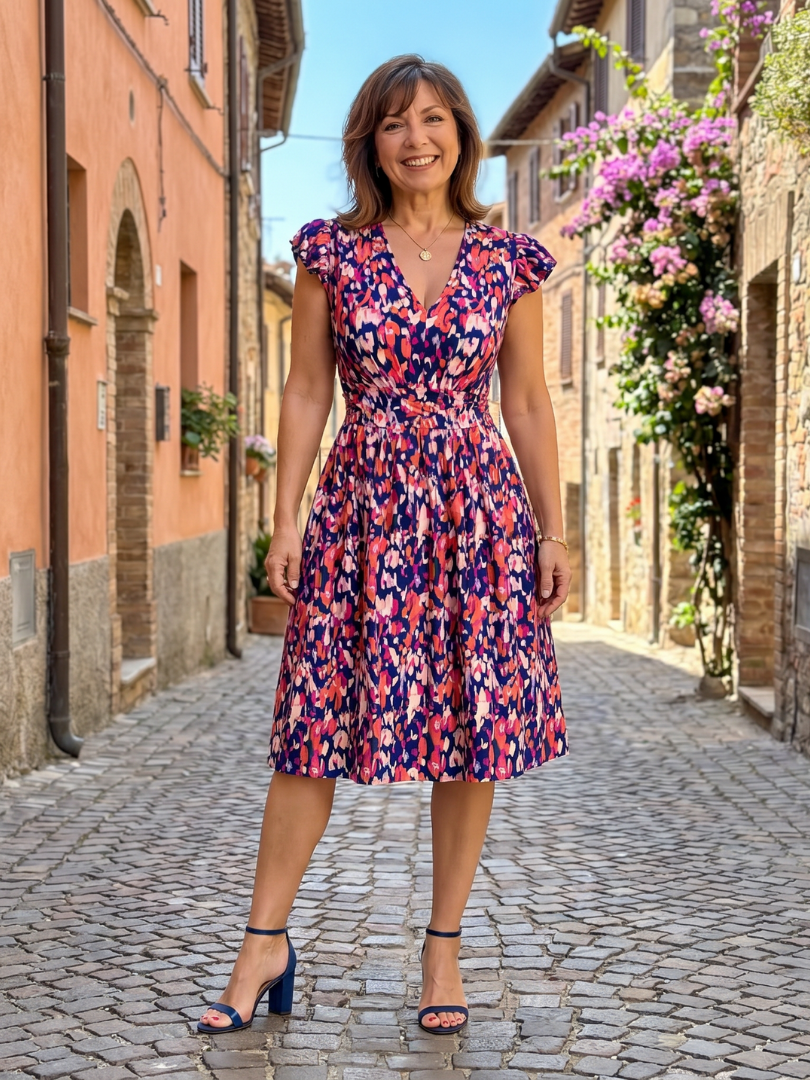 Sipola | Knielange jurk met flutter mouwen en print