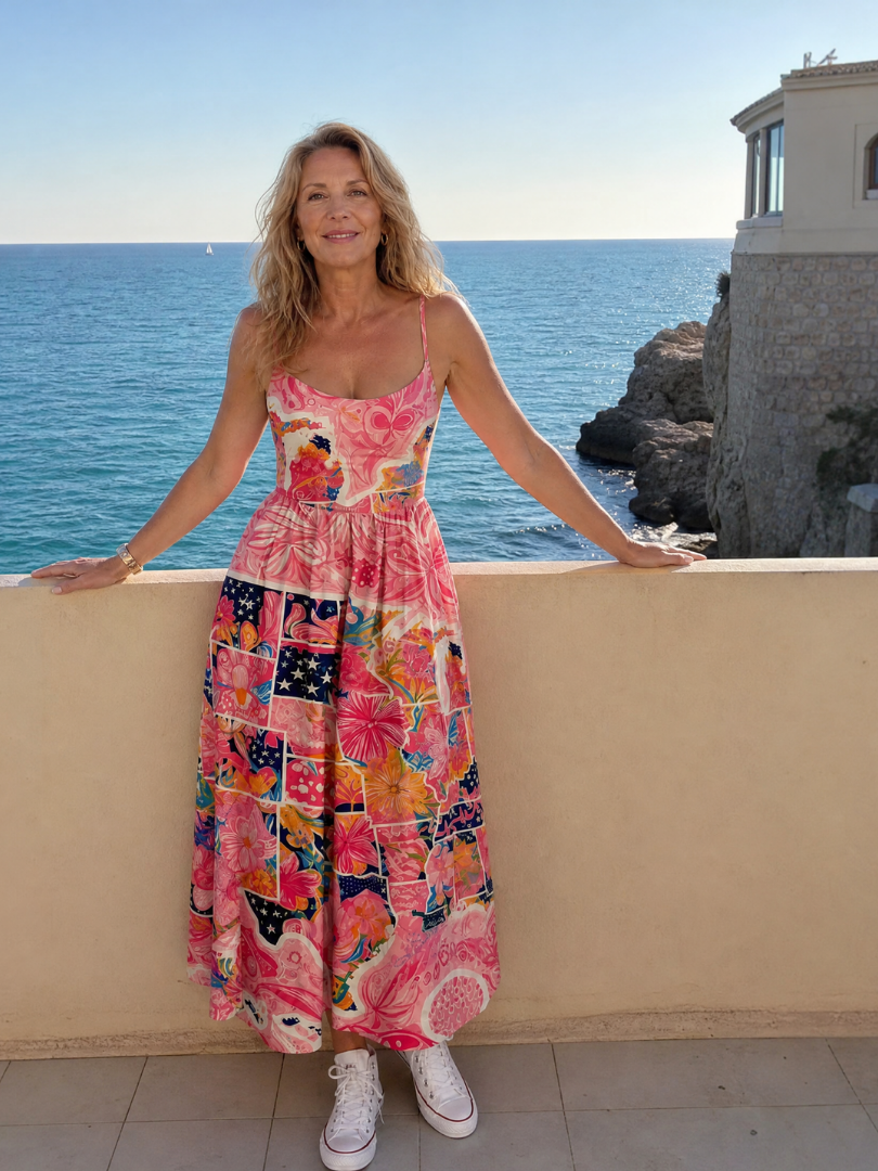 Valhala | Midi-jurk met patchwork-bloemenprint