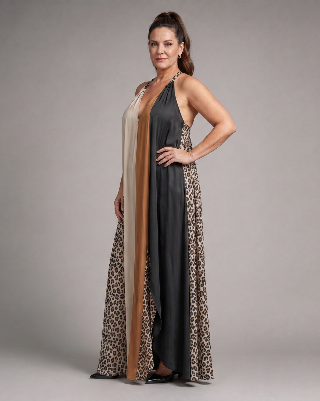 Zephielle | Lange Halter-jurk met Dierenprint