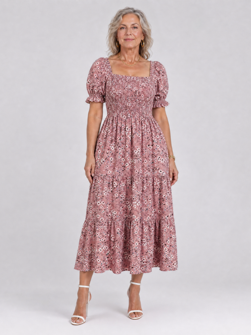 Louse | Midi-jurk met bloemenprint, smock en vierkante hals