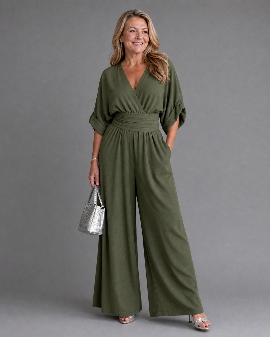 Emene | Gedrapeerde jumpsuit met V-hals en wijde pijpen