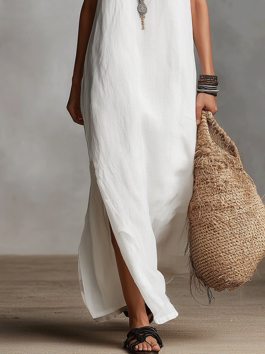 Chic Witte Mouwloze V-Hals Maxi Jurk