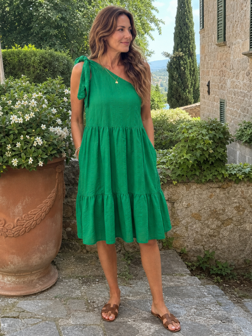 Zema | Knielange jurk met one-shoulder en strikdetail