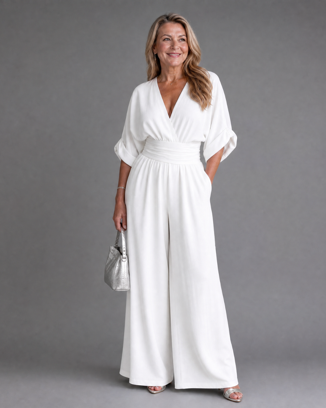 Emene | Gedrapeerde jumpsuit met V-hals en wijde pijpen
