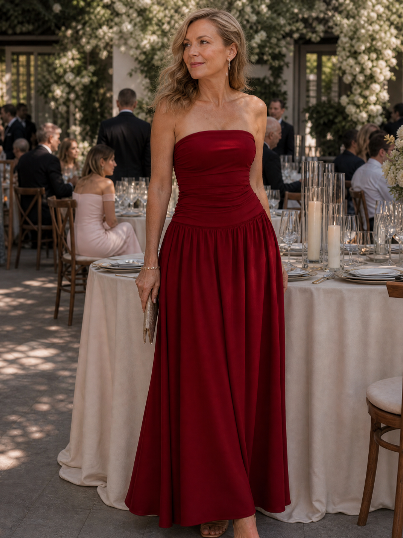 Zelene | Strapless midi-jurk met geplooid lijfje
