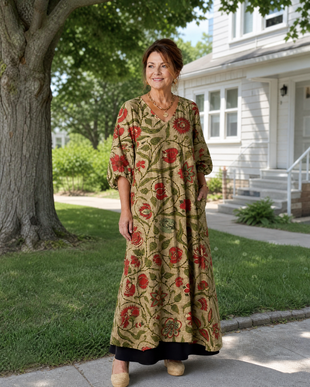 Rimla | Soepele midi-jurk met botanische print en driekwartmouw