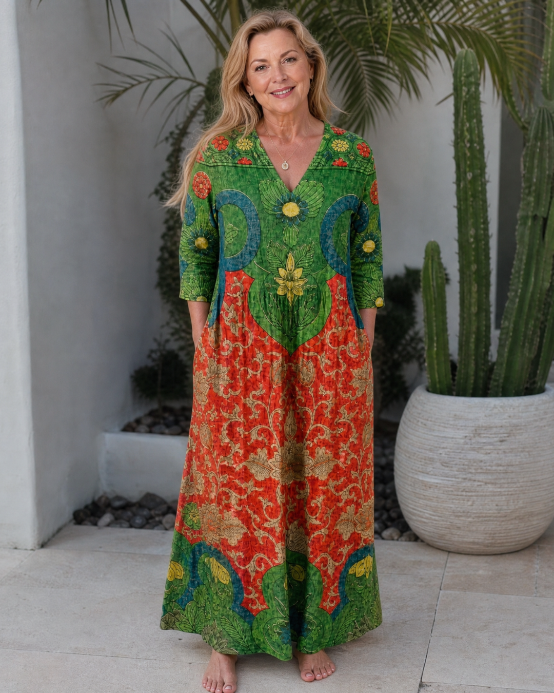 Zeloria | Soepele midi-jurk met abstracte vintage print en driekwartmouw