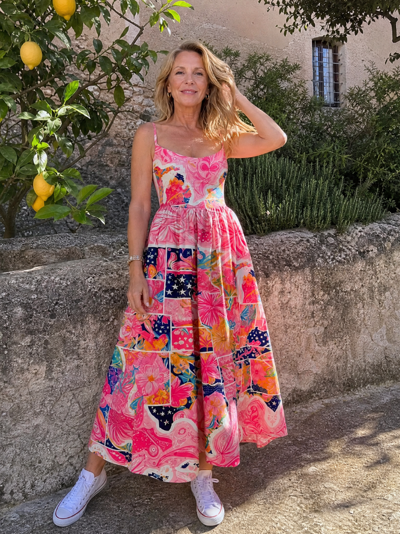 Valhala | Midi-jurk met patchwork-bloemenprint