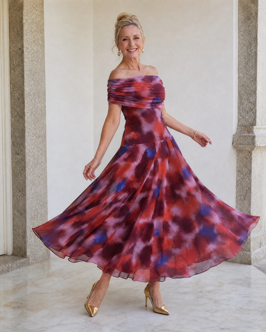 Violla | Off-shoulder midi-jurk met aquarelprint