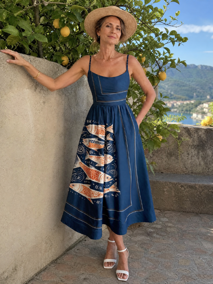 Calythene | Mouwloze midi-jurk met visprint