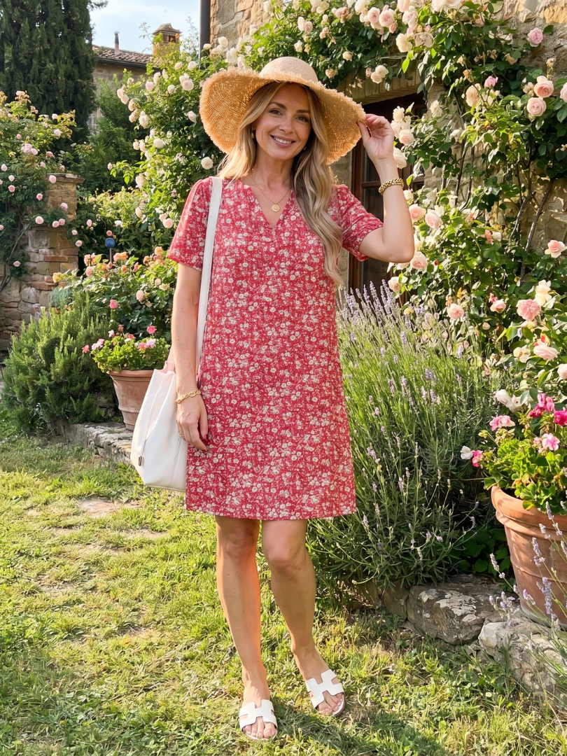 Somene | Knielange jurk met korte mouw en geometrische print