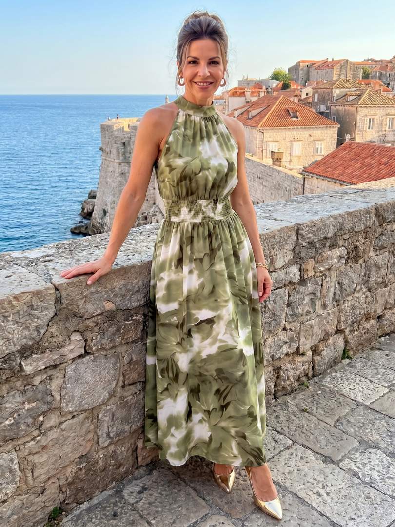 Olivia | Midi-jurk met abstracte print en gerimpelde taille