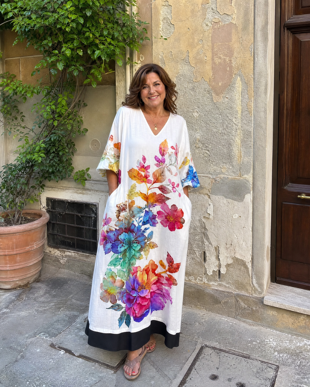 Florienne | Vloeiende midi-jurk met aquarel bloemenprint