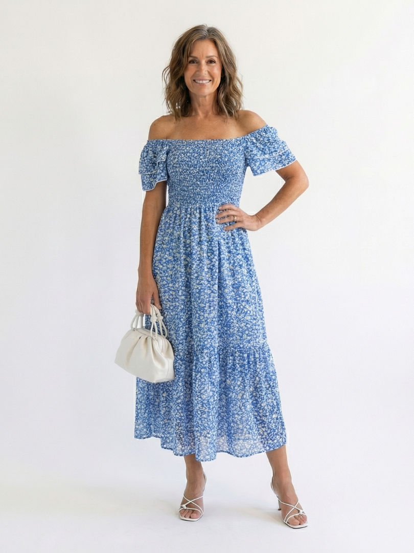 Odette | Off-shoulder midi-jurk met smockwerk