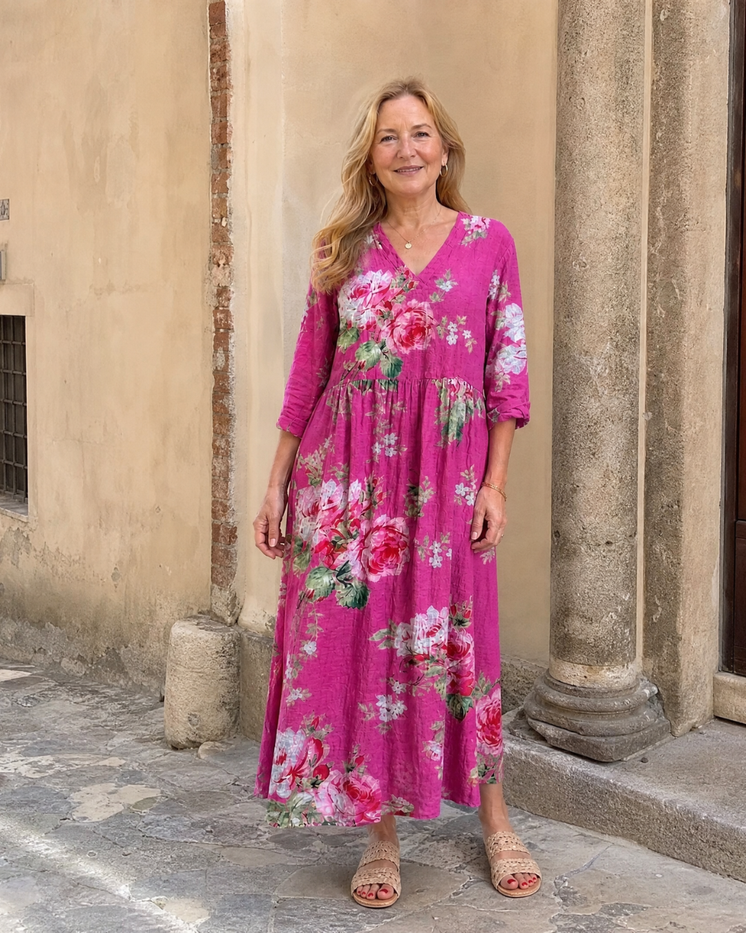 Rosavelle | Midi-jurk met vintage rozenprint en gerimpelde taille