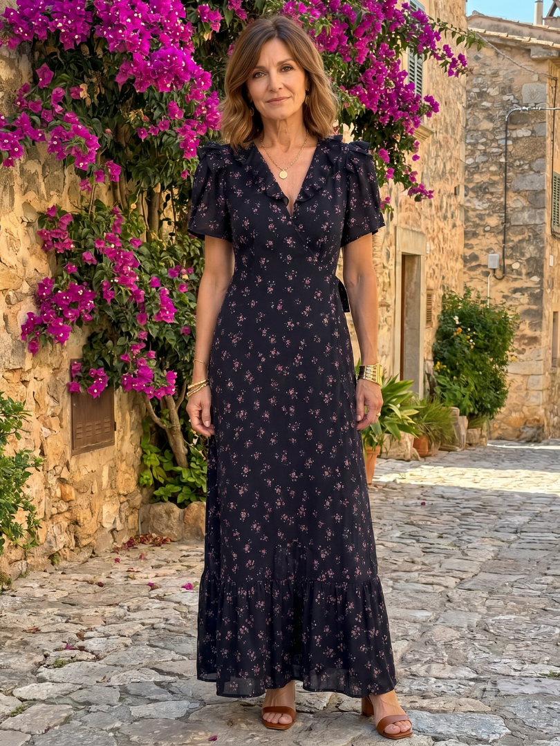 Semifal | Midi-jurk met bloemenprint, pofmouwen en ruches