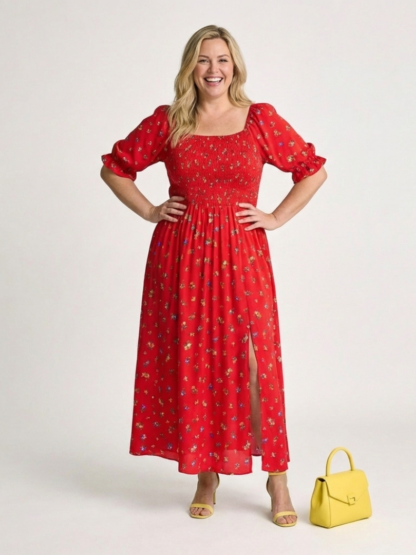 Delphine | Midi-jurk met vierkante hals en pofmouwen