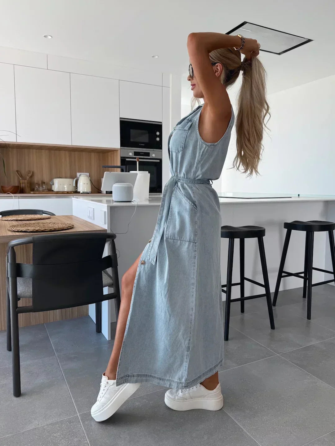 VALENTINA | Lange Denim Jurk met Natuurlijke Comfort en Elegante Veelzijdigheid voor Elke Gelegenheid