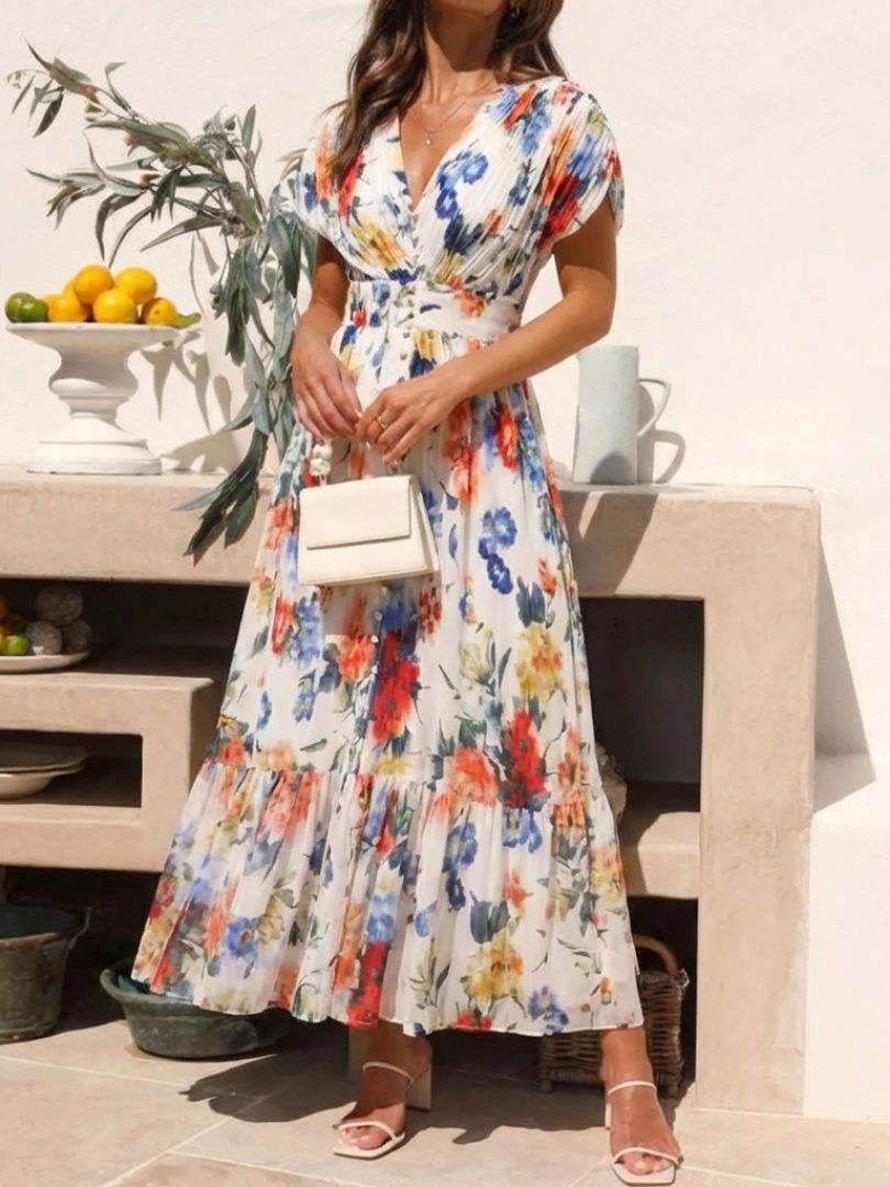 Savannah | Geplooide midi-jurk met korte mouwen