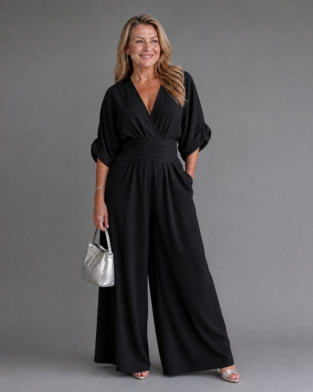 Emene | Gedrapeerde jumpsuit met V-hals en wijde pijpen