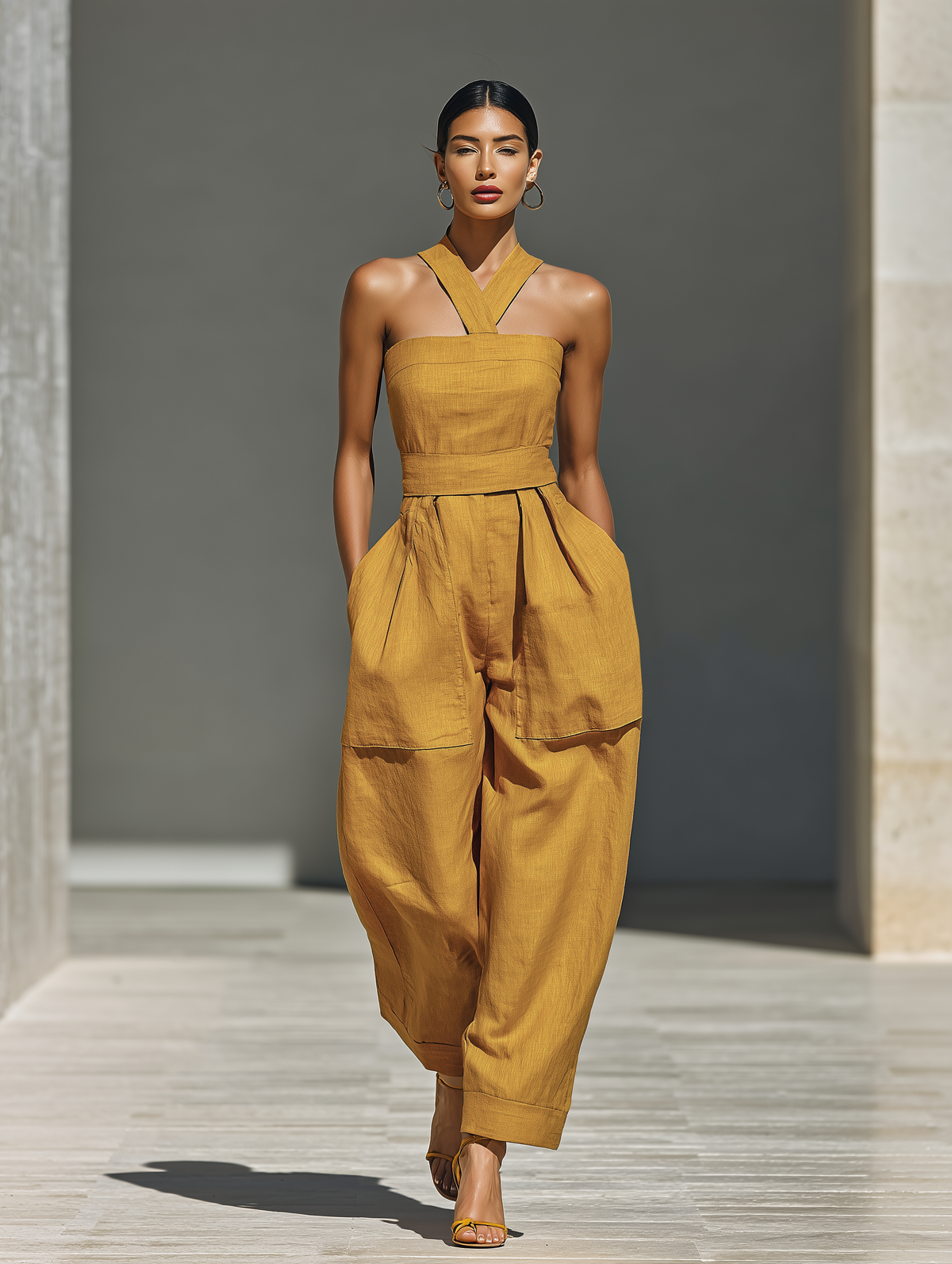 Gabrielle | Mouwloze jumpsuit met gekruiste halslijn en wijde pijpen