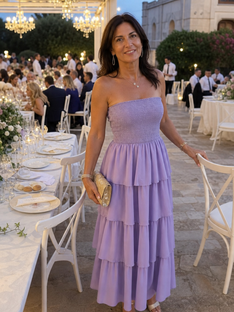Gemma | Strapless midi-jurk met gesmokt lijfje