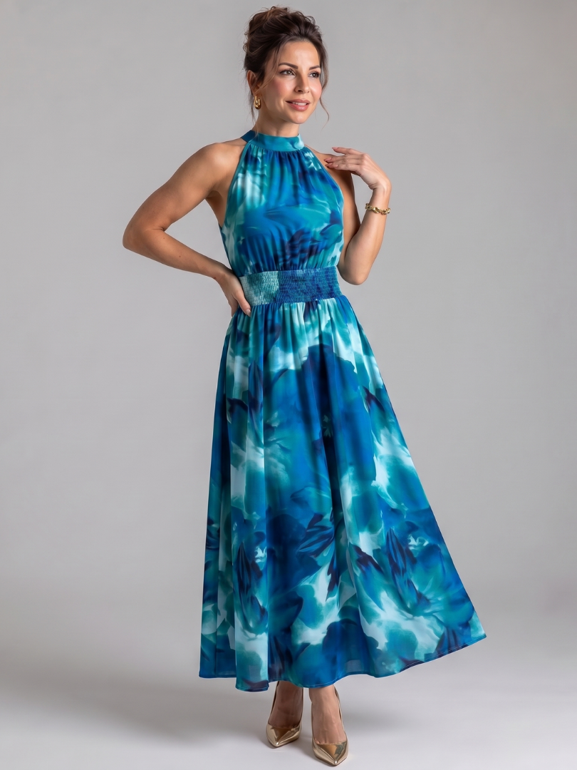 Olivia | Midi-jurk met abstracte print en gerimpelde taille