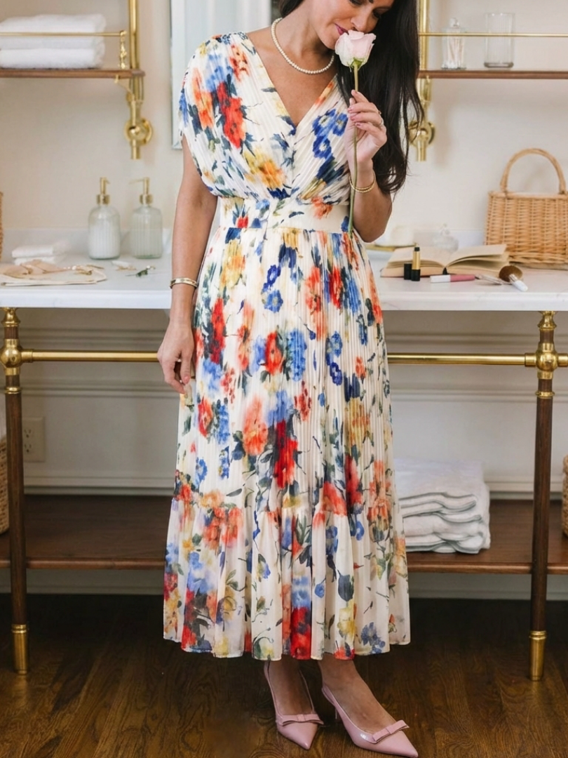 Savannah | Geplooide midi-jurk met korte mouwen