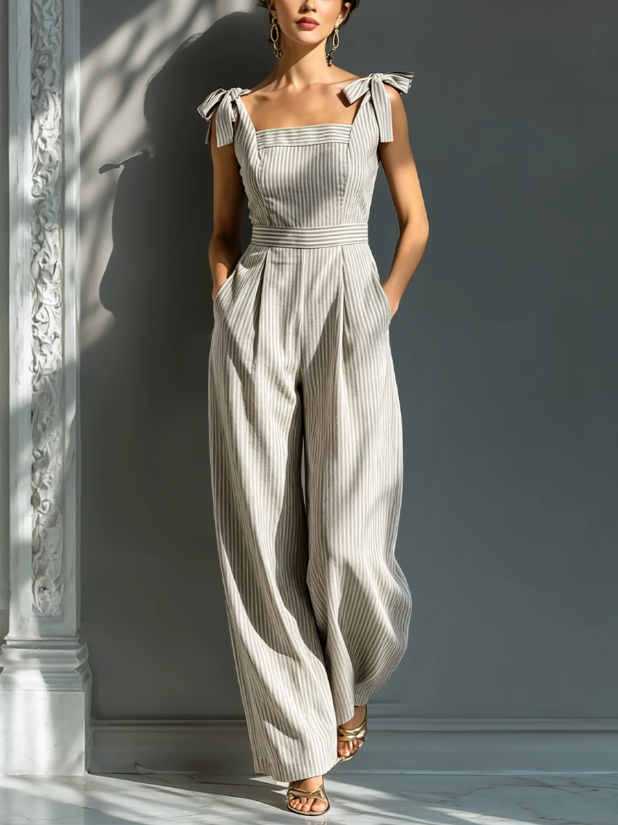Céleste | Jumpsuit met vierkante halslijn en stropdas schouderbanden