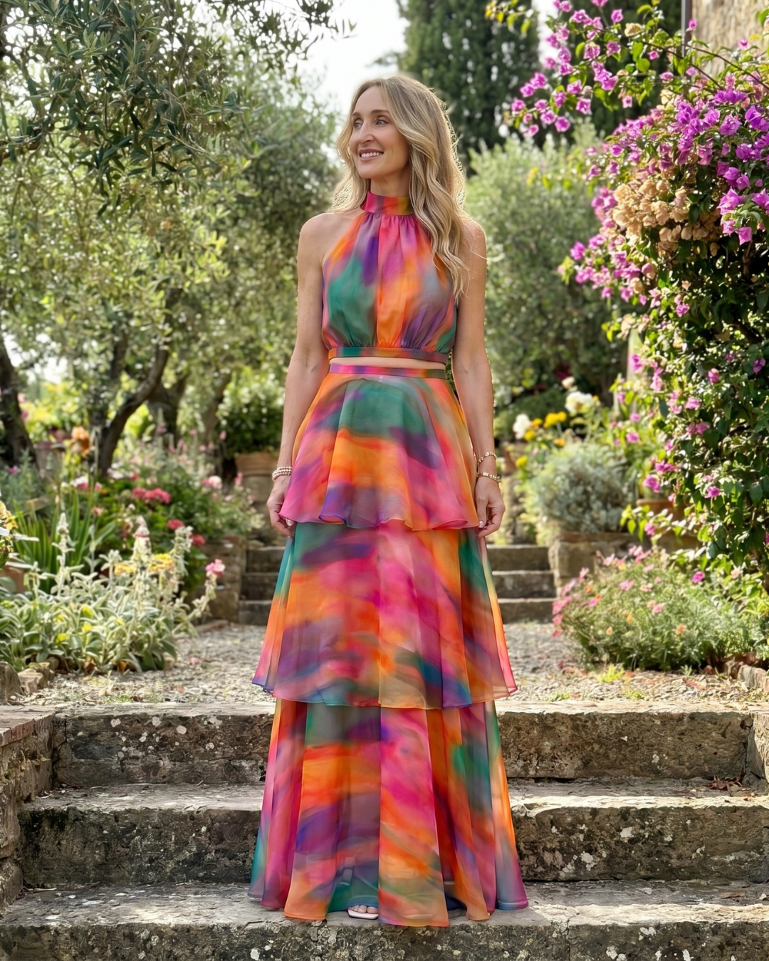 Mique | Halter maxi-jurk met cut-out en laagjes