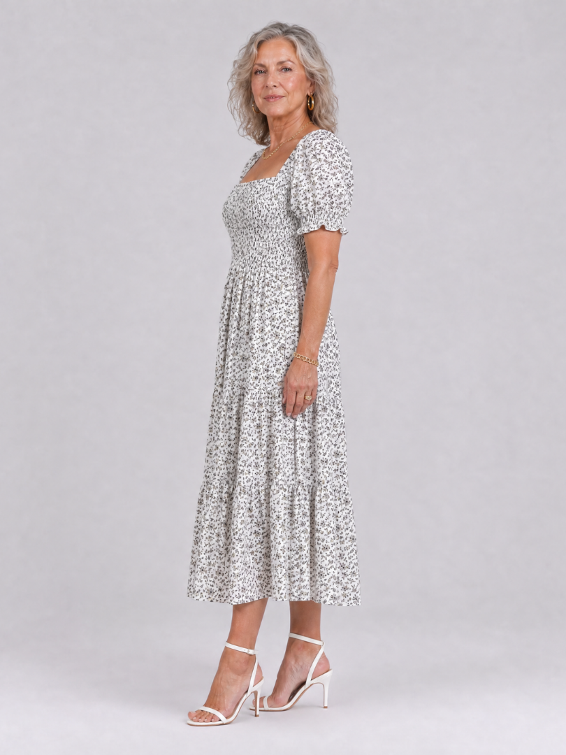 Louse | Midi-jurk met bloemenprint, smock en vierkante hals