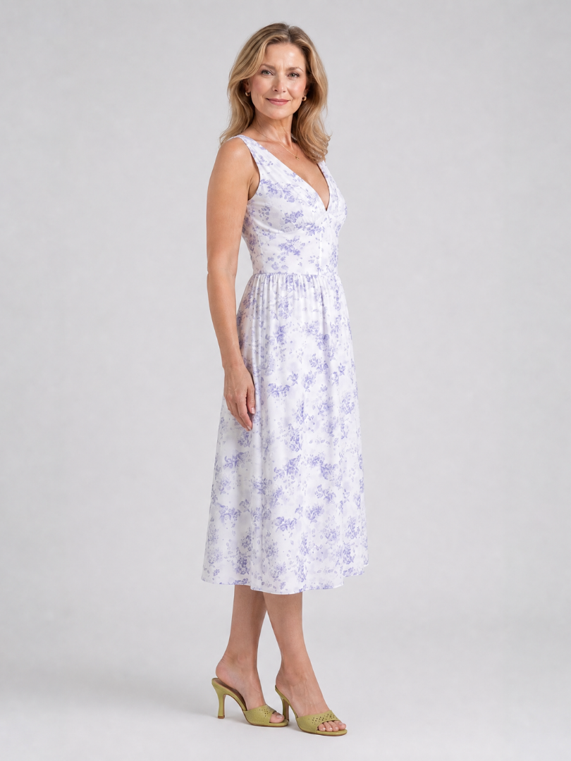 Elique | Mouwloze midi-jurk met bloemenprint en V-hals