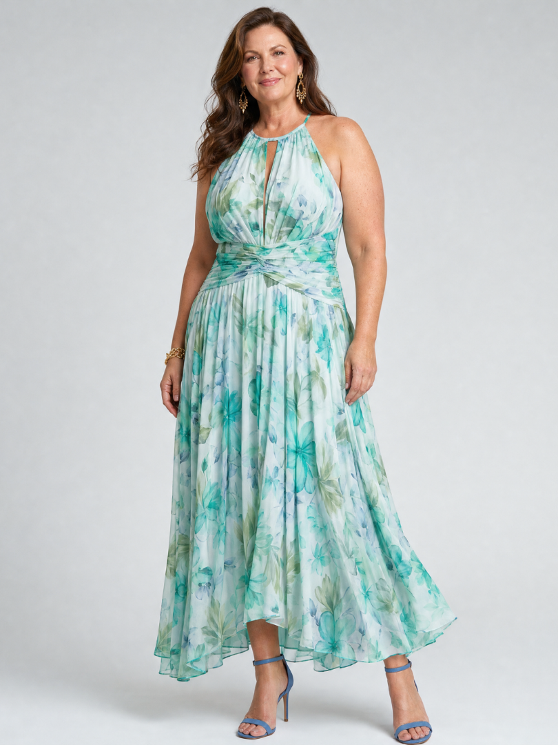Portia | Geplooide midi-jurk met halternek en bloemenprint