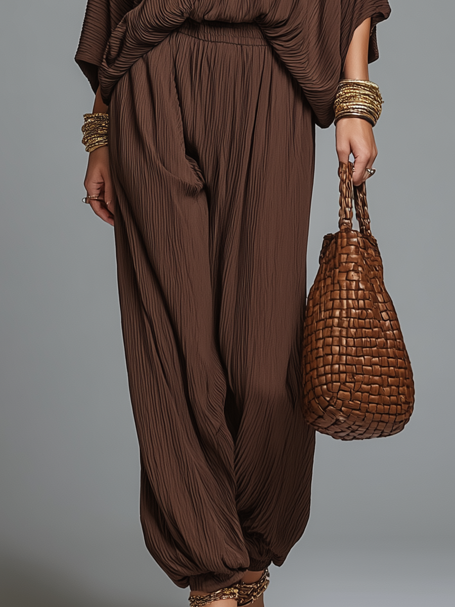 Warme Espresso Textuur V-Hals Batwing Mouw & Harem Broek Co-ord Set