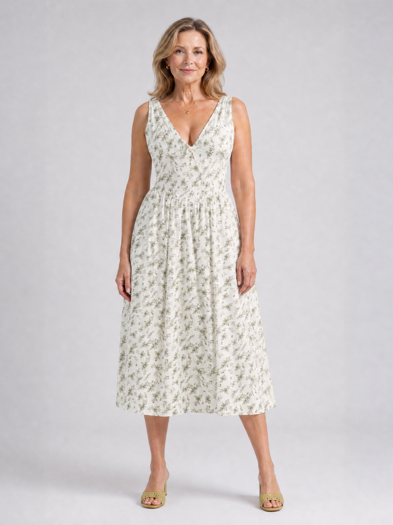 Elique | Mouwloze midi-jurk met bloemenprint en V-hals