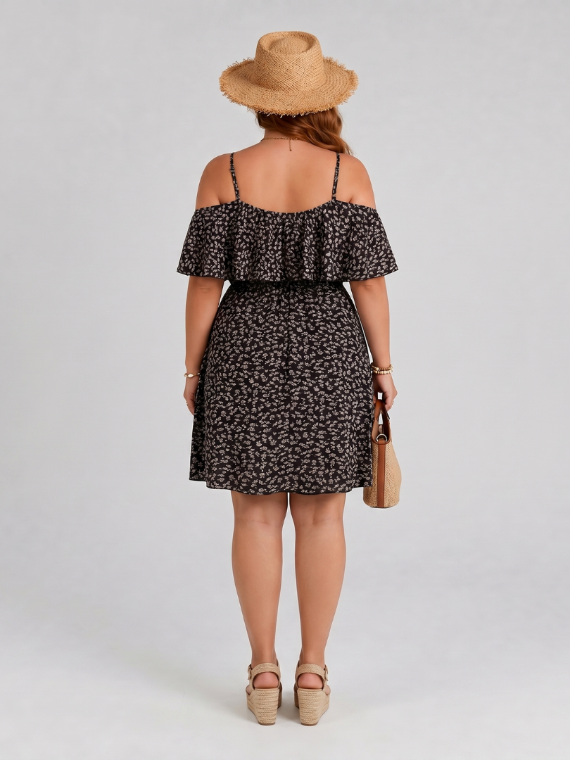 Novom | Knielange jurk met cold shoulder en ruche overlay