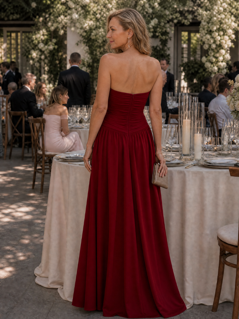 Zelene | Strapless midi-jurk met geplooid lijfje