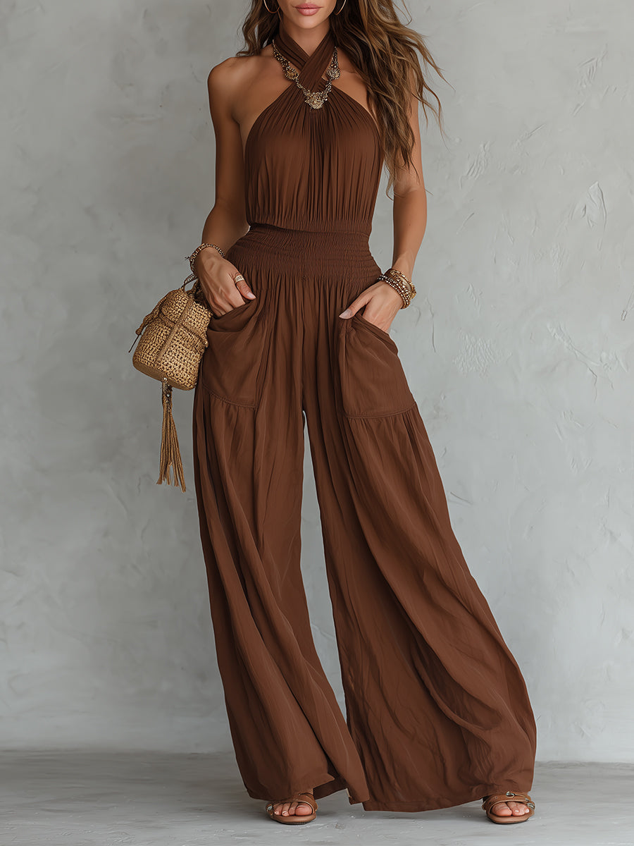 Boho Halter Nek Mouwloze Wijde Pijpen Jumpsuit